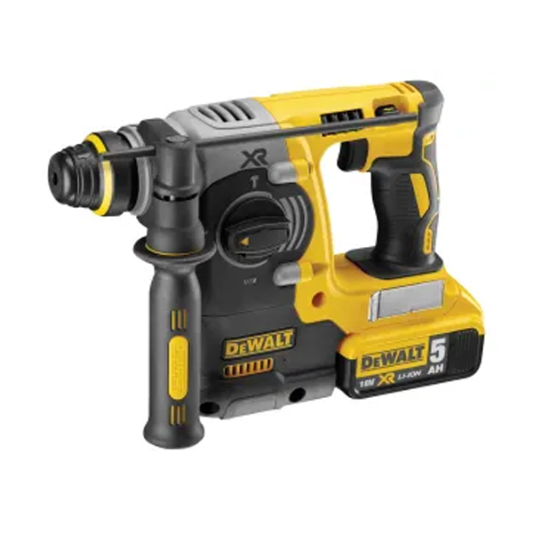 A yellow and black DeWalt cordless rotary hammer drill with a side handle and an 18V 2.0Ah Li-ion XR DCB183 Slide Battery Pack attached, compatible with DeWalt tools.