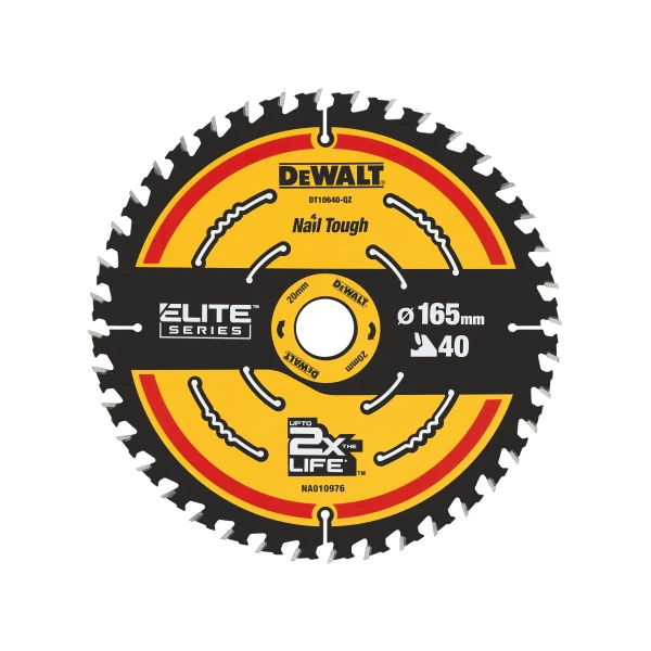 A circular DeWalt saw blade with 40 teeth, 165mm diameter, featuring yellow and black branding and safety markings.