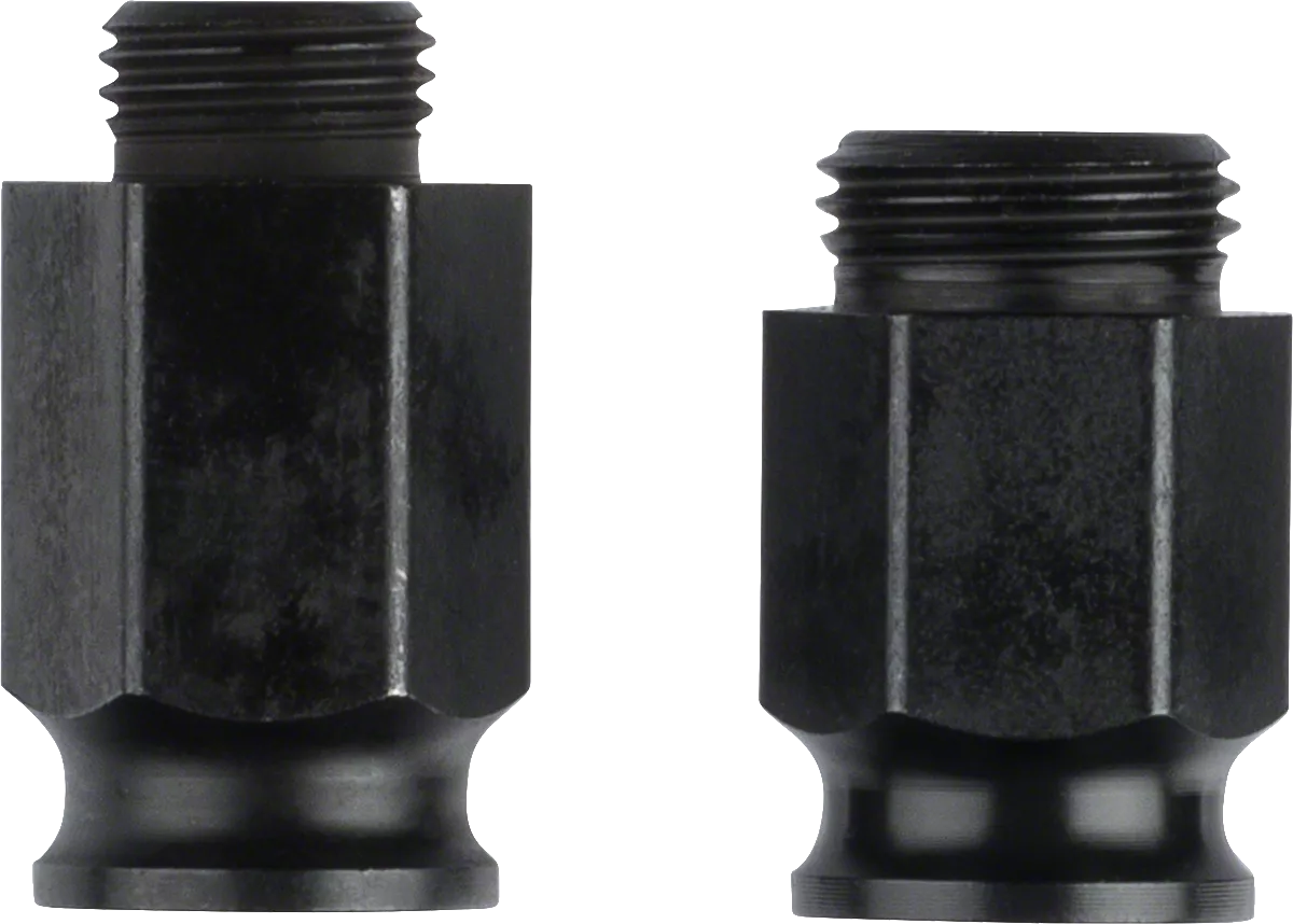 Two black, metal, hexagonal bicycle valve adapters with threaded tops stand upright side by side on a white background. They resemble parts from the Bosch 2608584682 Power Change Adapter Nut Set, 6 PCS; one is slightly taller than the other.