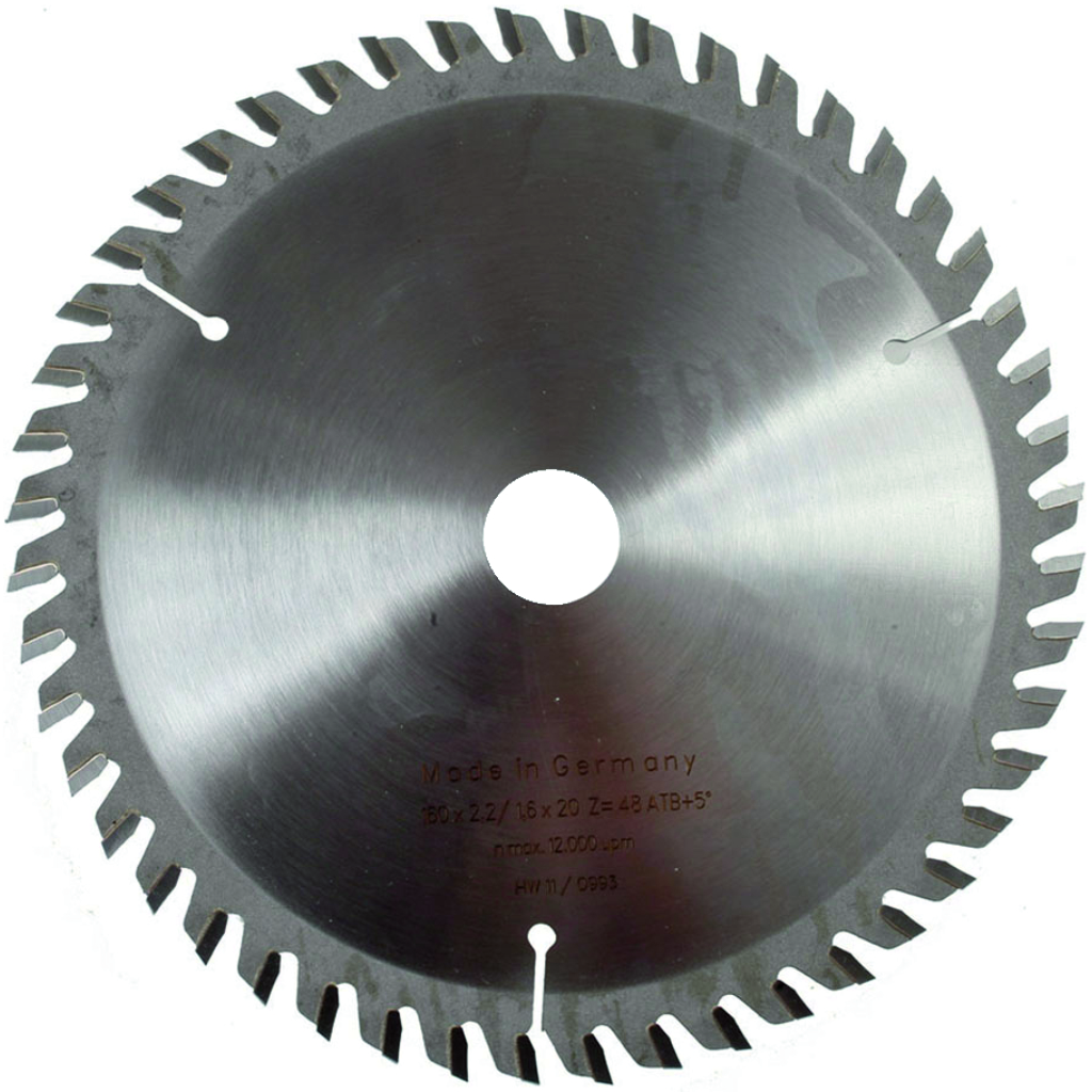 The DART PWC1602048 Platinum ATB +5 Saw Blade is a 160mm, 48-tooth blade with a 20mm bore, made of shiny metal and featuring engraved specs and Made in Germany near the center.