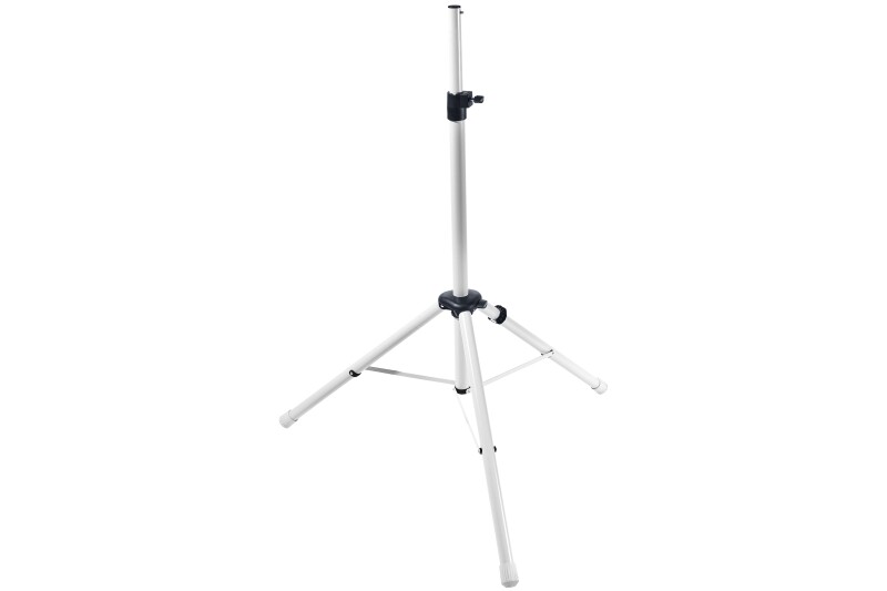 A silver, adjustable tripod stand with three legs splayed out for stability and a central pole featuring a locking mechanism.
