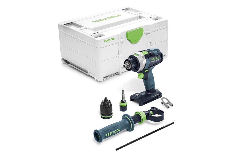 A Festool cordless drill set with attachments, including a handle, chuck, drill bits, and a white Festool storage case arranged on a white background.