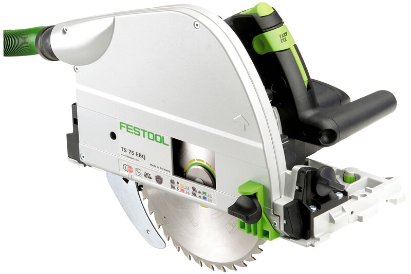 A Festool TS 75 EQ track saw with a visible circular blade, featuring a silver and green design, black handles, and a dust extraction hose attachment.