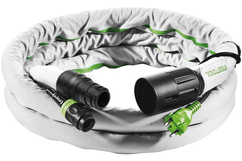 A coiled, gray fabric-covered hose with black plastic connectors and a green power plug at the end, all featuring green accents.
