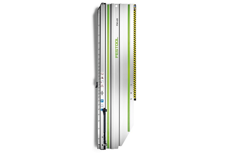Vertical Festool guide rail with measurement markings, adjustment knobs, safety warning labels, and a yellow-black caution stripe along one edge on a white background.