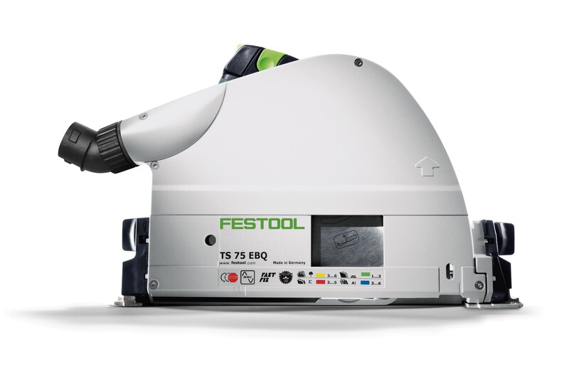 Side view of a Festool TS 75 EBQ track saw in silver and black, showing the brand logo, model name, controls, and dust extraction port. The tool is designed for precise cutting tasks.