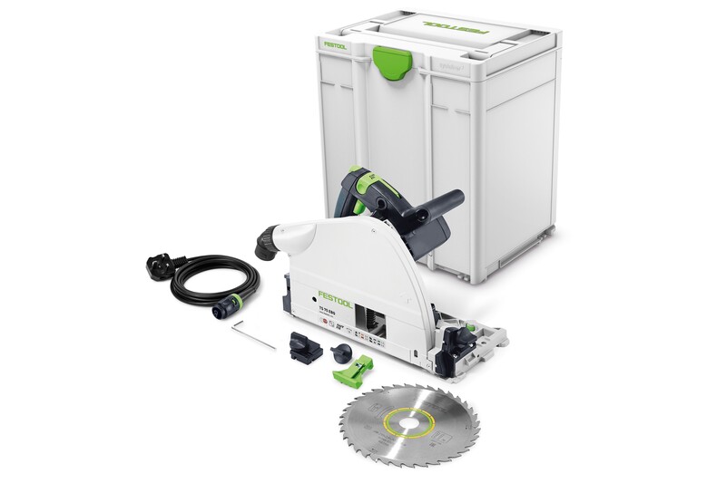 A Festool track saw set is displayed with a circular saw, saw blade, power cord, green accessories, wrench, and a white Festool storage case in the background.