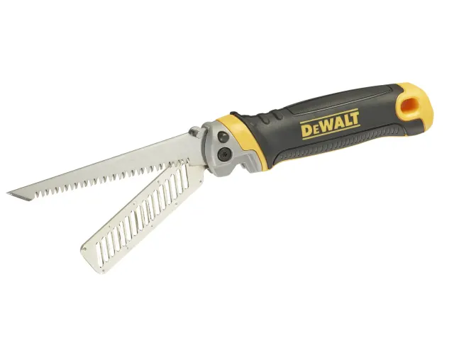 A DeWalt folding saw with two interchangeable blades, one serrated and one with wide notches, attached to a black and yellow handle.