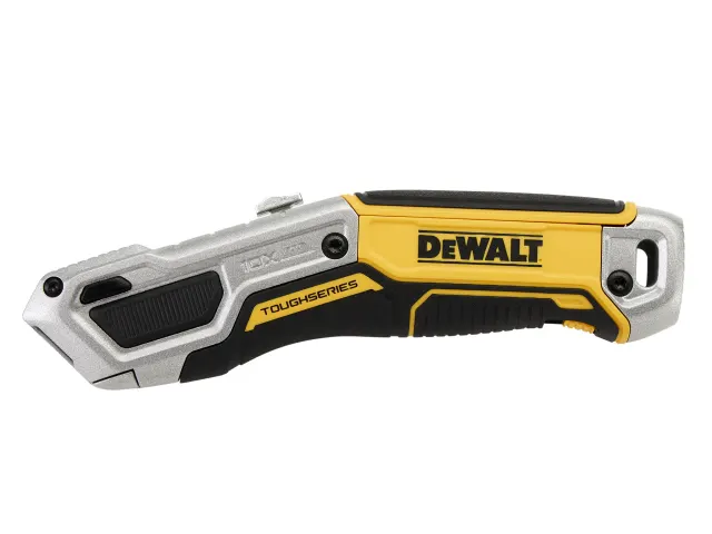 A yellow, black, and silver DEWALT ToughSeries utility knife with a retractable blade, featuring an ergonomic handle and a lanyard hole at the end.
