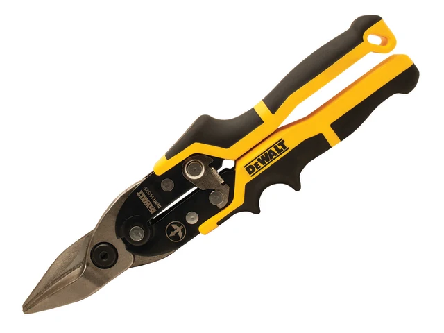 A pair of DEWALT yellow and black aviation snips with a serrated metal cutting blade and ergonomic handles.