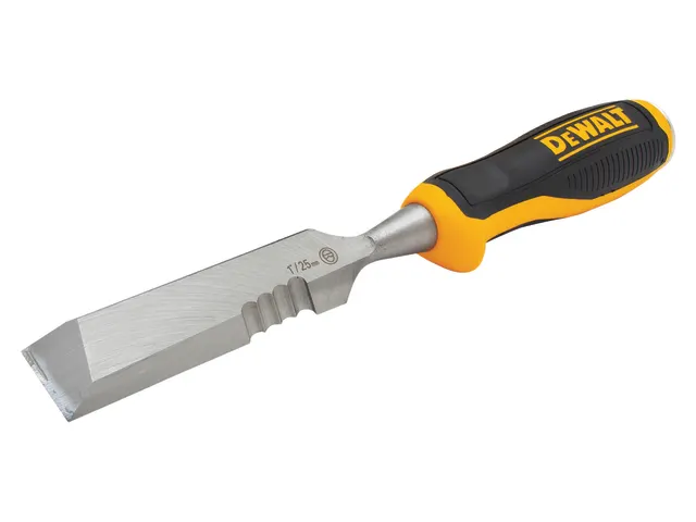 The DeWalt DHT016065 Side Strike Chisel 25mm (1in) features a beveled steel edge and a comfortable handle, ideal for precise woodworking tasks.