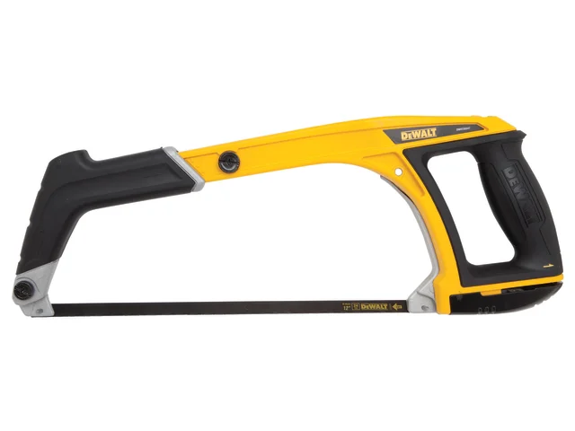 The DeWalt DHT020547 5-in-1 Hacksaw 300mm (12in) features a sturdy frame, ergonomic handle, and thin blade ideal for cutting metal or plastic.