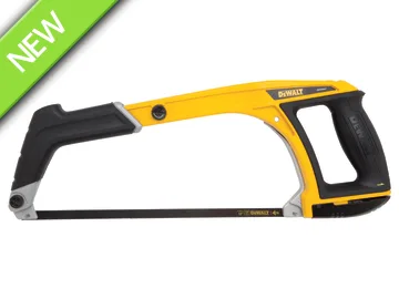 A yellow and black DEWALT hacksaw with a comfortable grip handle and a straight metal blade.