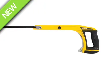 A yellow and black DEWALT hacksaw with a black blade, featuring an ergonomic handle. A green NEW banner is displayed in the top left corner.