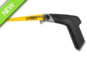 A yellow DeWalt jab saw with a black ergonomic handle is shown on a white background. A green banner appears in the corner.