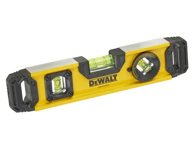 The DeWalt DHT043003 Torpedo Level 25cm (10in) is yellow with three bubble vials for horizontal, vertical, and angled readings, plus black rubberized handles on both ends.