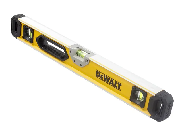 A yellow and silver DEWALT spirit level with black end caps and three bubble vials, featuring a built-in handle for easy grip.
