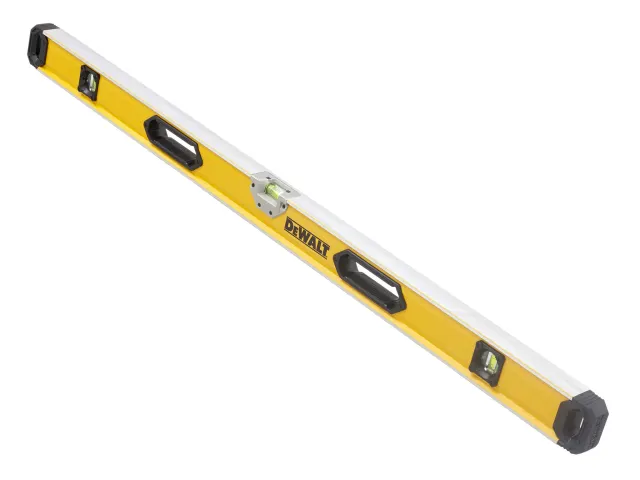 A yellow and silver DEWALT spirit level with black end caps, built-in bubble vials, and two black handle cutouts, shown on a white background.