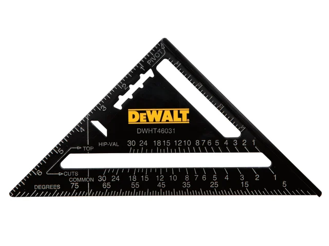 A black triangular DEWALT carpenters square marked with various measurements and angles, featuring the DEWALT logo in yellow at the center and cutout slots for easy handling.