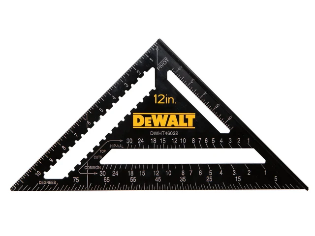 A black 12-inch DEWALT triangular rafter square with various measurement markings and cut-outs, photographed against a white background.