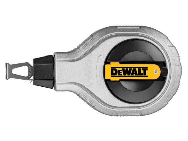 A silver and black DeWalt chalk line reel tool with a yellow logo is shown from above on a white background, next to DeWalt DHT070277 Compound Action Long Nose Pliers 190mm for precise tasks.