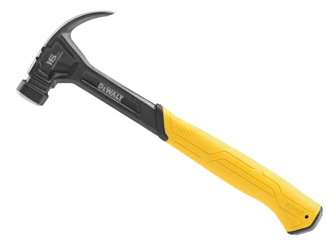 The DeWalt DHT051002 Curve Claw Smooth Face Hammer (16oz) features a yellow and black design, smooth face for clean strikes, curved claw for nail removal, and a textured ergonomic handle for grip.