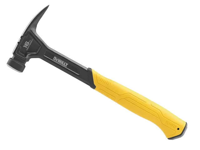 The DeWalt DHT051003 Rip Claw Smooth Face Hammer (16oz) has a black head and handle with a yellow grip, is angled to the right, and features the 16 oz marking on the head.