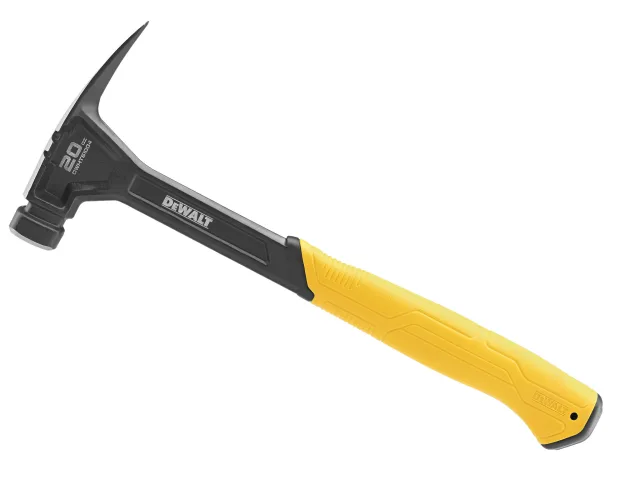 The DeWalt DHT051004 Rip Claw Smooth Face Hammer (567g/20oz) features a black metal head and shaft, yellow ergonomic handle, flat striking face, and curved claw for precise and easy nail pulling.