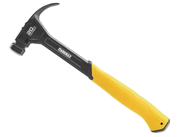 The DeWalt DHT051009 Curve Claw Smooth Face Hammer 567g (20oz) features a black head, yellow handle with ergonomic grip, and a smooth face for clean striking.