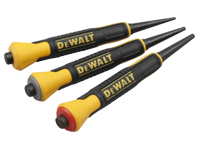 The DeWalt DHT058018 Bi-Material Nail Punch Set, 3 Piece, with black and yellow handles, metal tips, and grey, red, and black color-coded ends, is arranged in parallel on a white background.