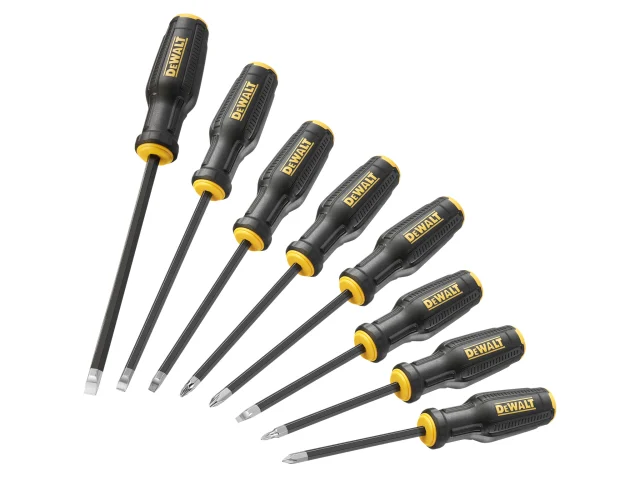 A set of eight DeWalt screwdrivers with black and yellow handles, featuring both flathead and Phillips tips in various sizes—perfect alongside your DeWalt DHT016065 Side Strike Chisel 25mm (1in).