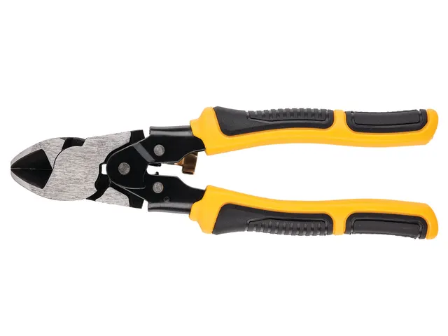 The DeWalt DHT070277 Compound Action Long Nose Pliers 190mm feature black and yellow textured grips, sharp metal jaws, and a compound action design for extra cutting power, shown against a white background.