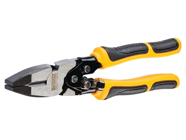 A yellow and black DeWalt DHT070277 Compound Action Long Nose Pliers (190mm) featuring textured ergonomic handles and sharp, angled blades.