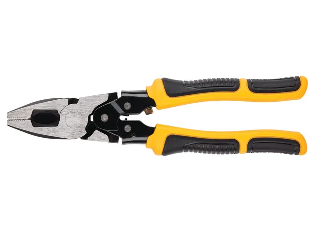 The DeWalt DHT070277 Compound Action Long Nose Pliers 190mm feature yellow and black rubber-coated handles and a metal cutting and gripping head, displayed against a white background.