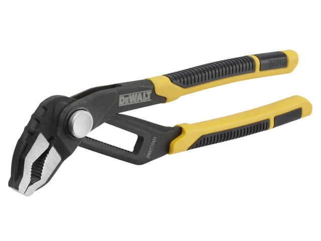 A pair of DeWalt groove joint pliers with black and yellow handles, featuring serrated jaws for gripping—ideal when used with the DeWalt DHT016065 Side Strike Chisel 25mm (1in) for precision tasks.
