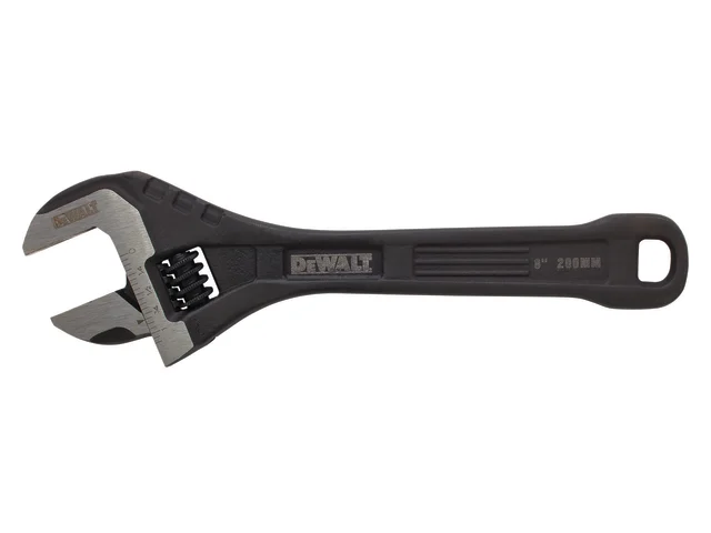 A black and silver adjustable wrench with a metal jaw and a hole at the handles end, labeled “DeWalt” and “8” 200MM—ideal to pair with DeWalt tools such as the DHT016065 Side Strike Chisel 25mm (1in).