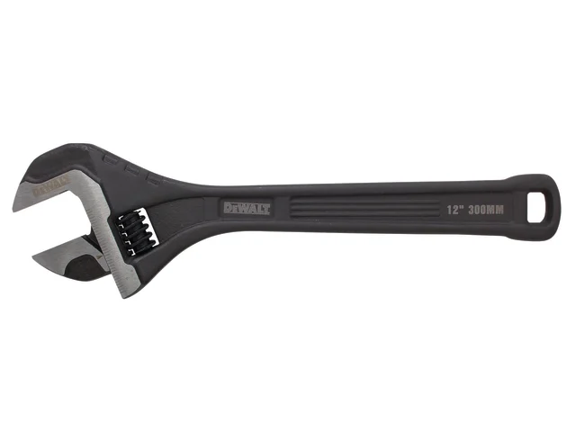 A black adjustable wrench with a metal jaw and ridged handle, designed for versatile tightening or loosening of nuts and bolts, pairs perfectly with tools like the DeWalt DHT016065 Side Strike Chisel 25mm (1in).