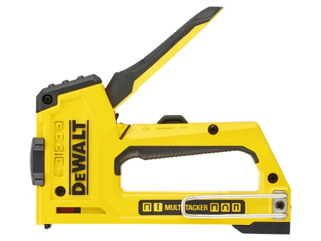 A yellow and black DeWalt multi-tacker stapler with an open handle, adjustable settings, and a metal clip pairs perfectly with the DeWalt DHT070277 Compound Action Long Nose Pliers 190mm for precise tasks.