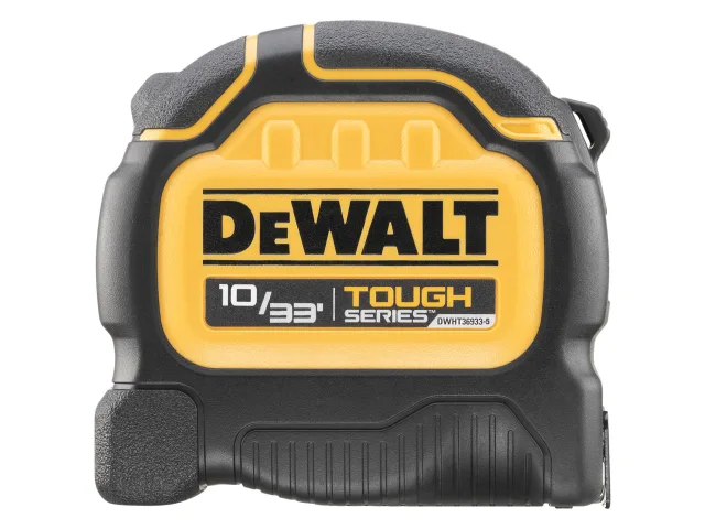 A yellow and black DeWalt tape measure, 10/33 Tough Series, with a rugged, durable design.