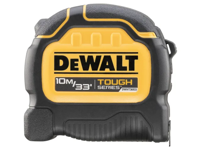 A black and yellow DEWALT tape measure labeled 10M/33 TOUGH SERIES with a rugged, durable design.