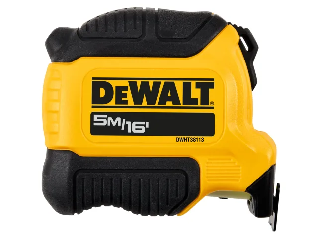 A yellow and black DeWalt tape measure with 5M/16 printed on the side, indicating it measures up to 5 meters or 16 feet.