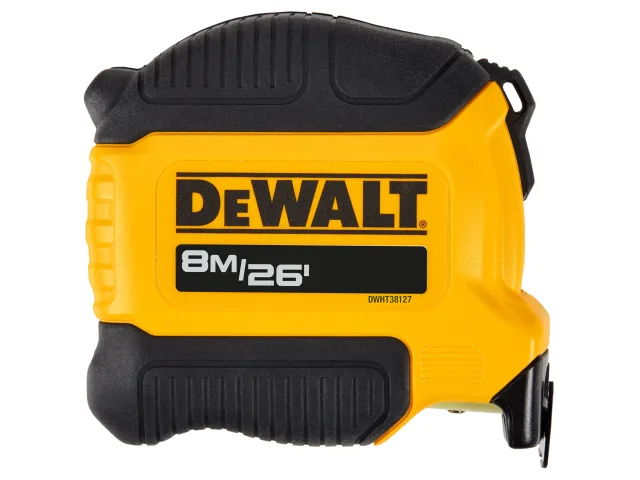 A yellow and black DeWalt tape measure with 8M/26 printed on the side.