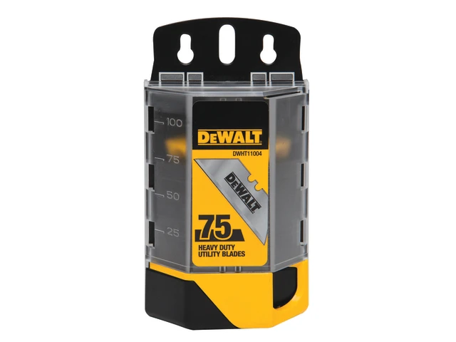 A plastic container of DeWalt heavy duty utility blades, designed to hold 75 blades. The black and yellow packaging features the DeWalt logo and a clear window displaying the blade count.