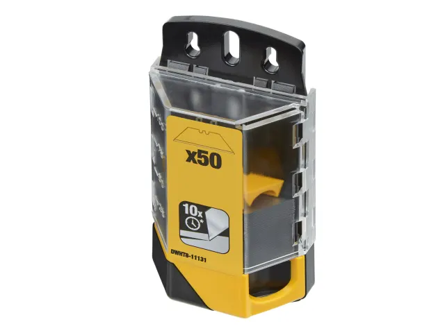 A plastic case with a transparent lid contains 50 utility knife blades. The case features yellow and black labels indicating x50 and 10x and has hanging holes at the top.