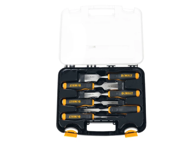 The DeWalt DHT916852 Wood Chisel Set includes 6 pieces with yellow and black handles, neatly arranged in an open black and clear plastic carrying case.