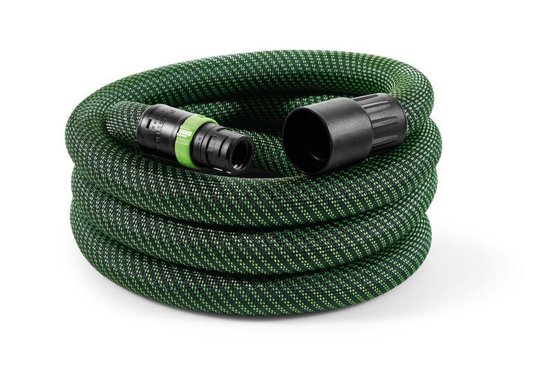 A coiled green garden hose with black and green connectors on each end, featuring a textured, woven surface.