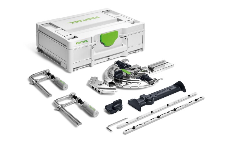 A white and green tool box with tools.