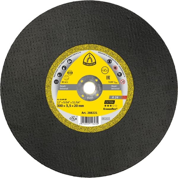 The Klingspor A24 12 / 300mm Extra Kronenflex® large cutting-off wheel is a circular black disc with a yellow and black label displaying specifications and safety icons, ideal for cutting metals using power tools.