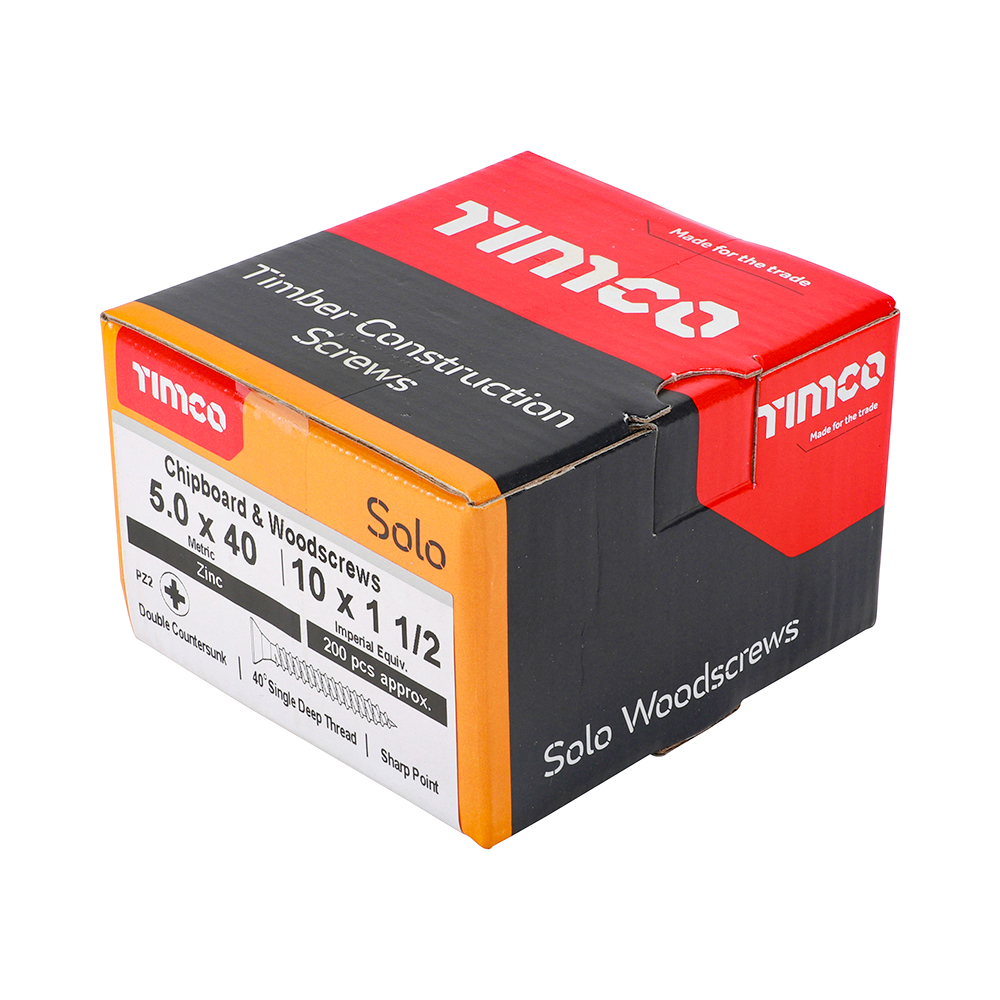 A mainly black, orange, and red box labeled TimCo Solo Woodscrews, Pozi Countersunk 5.0x30mm (Box of 200), contains 200 zinc plated screws, with product details printed on the side.
