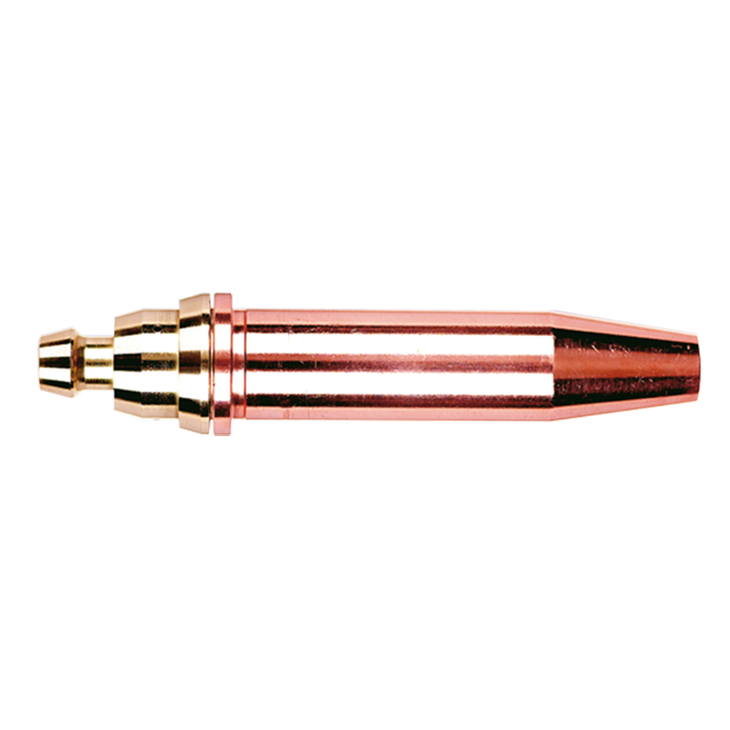 A close-up view of the PNM 702116 1.6 (1/16) brass and copper welding or cutting torch tip nozzle, isolated on a white background.